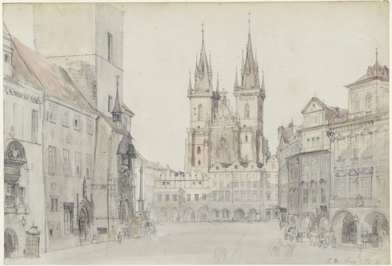Týnkerk en stadhuis in Praag door Eduard Gaertner