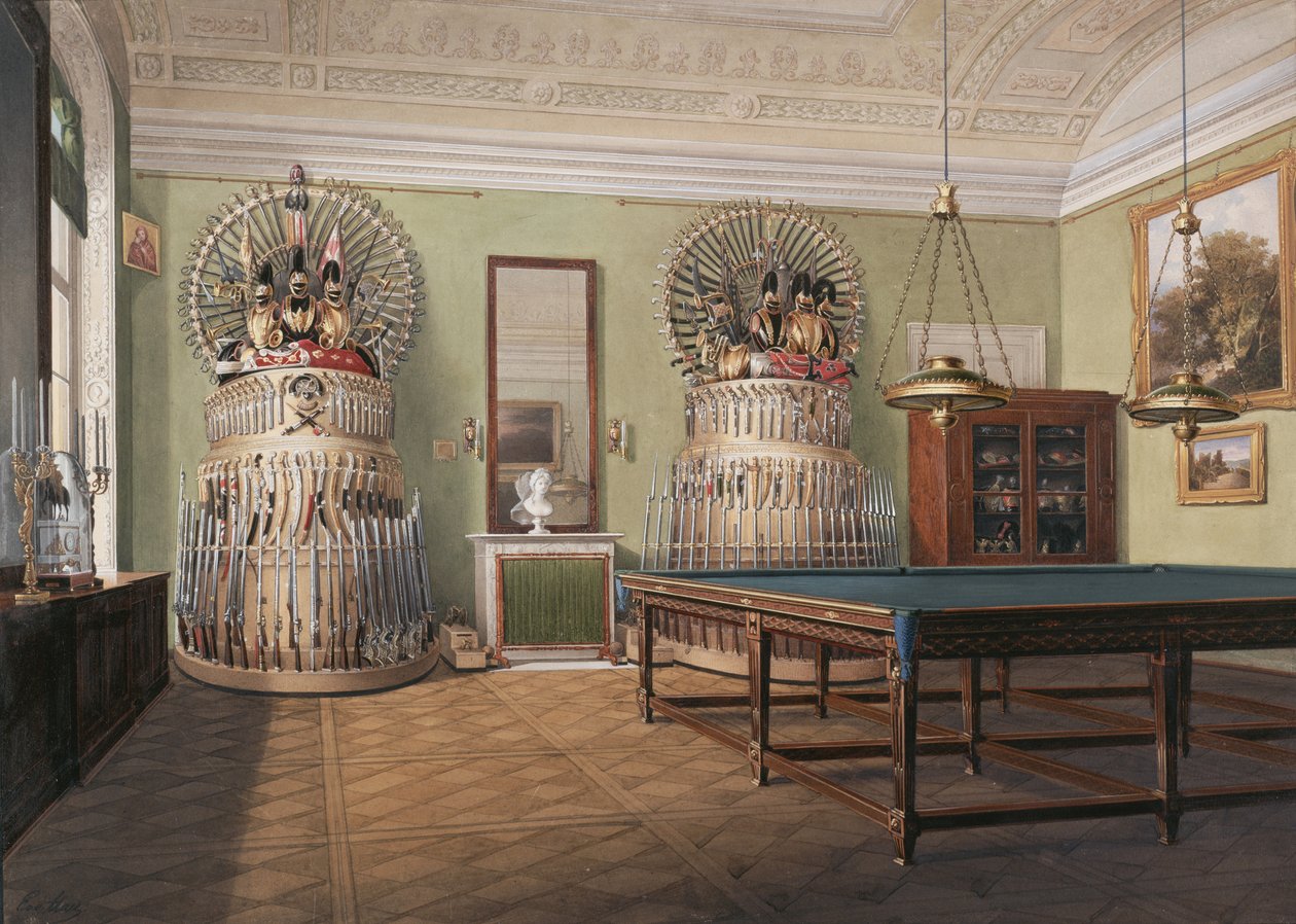 Interieurs van het Winterpaleis. De biljartkamer van keizer Alexander II, midden 19e eeuw door Eduard Hau
