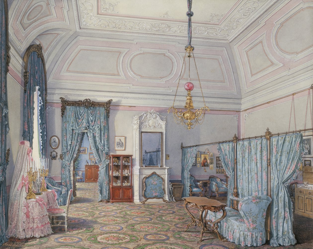 Interieurs van het Winterpaleis. Het vijfde gereserveerde appartement. De slaapkamer van grootvorstin Maria Alexandrovna, 1873 door Eduard Hau