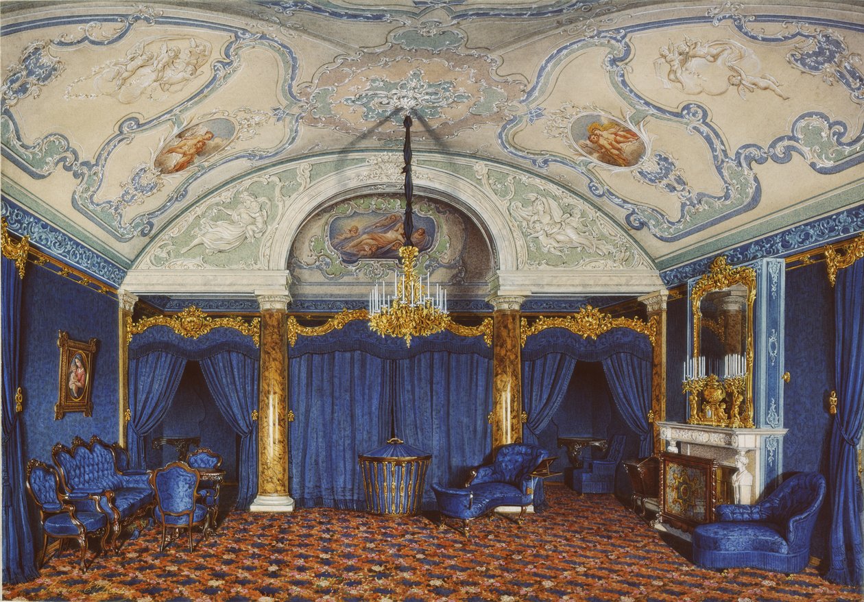 Interieurs van het Winterpaleis. Het vierde gereserveerde appartement. Een slaapkamer, 1868 door Eduard Hau