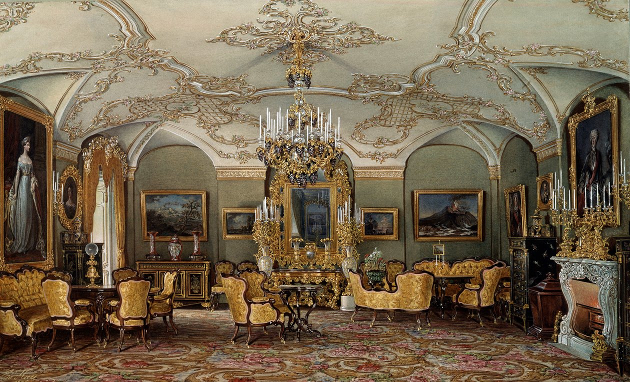 Zicht op de salon van Alexandra Fjodorovna (Fedorovna of Feodorovna of Charlotte van Pruisen (1798-1860)), vrouw van tsaar Nicolaas I in het Gatchina-paleis. Aquarel toegeschreven aan Eduard (Edouard) Hau (1807-1870) 19e eeuw Sint-Petersburg, Hermitage Mus door Eduard Hau