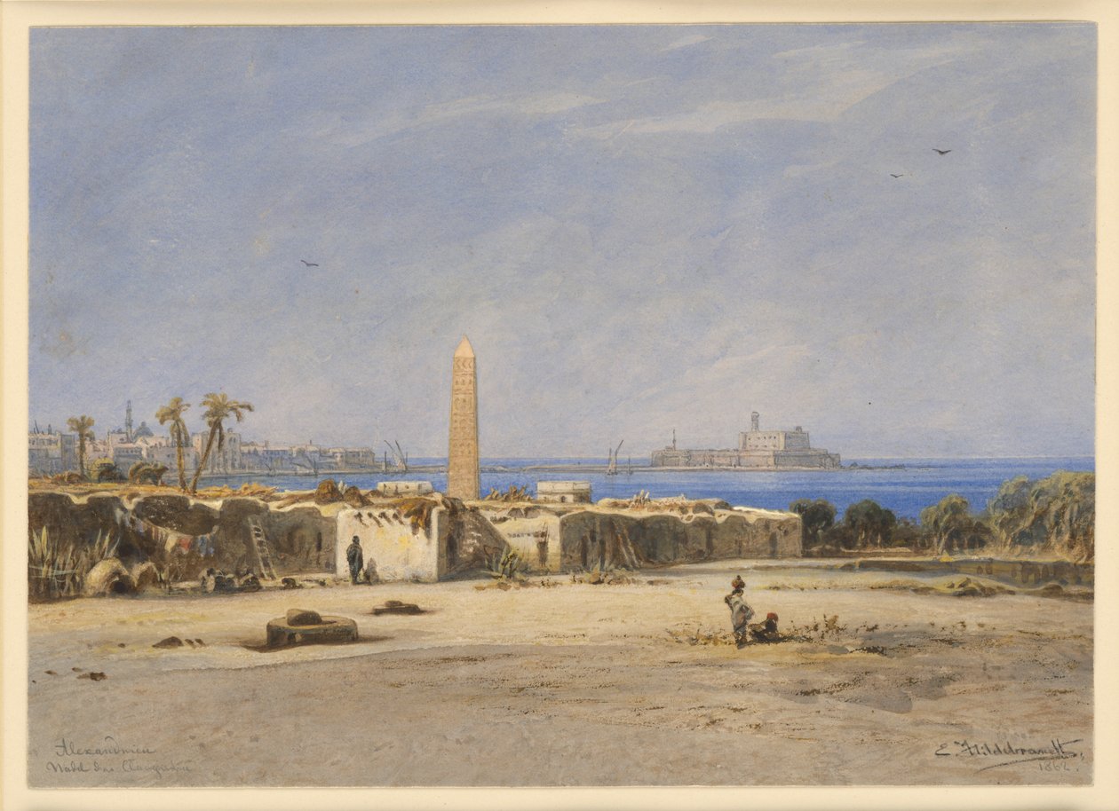 De naald van Cleopatra in de haven van Alexandrië door Eduard Hildebrandt