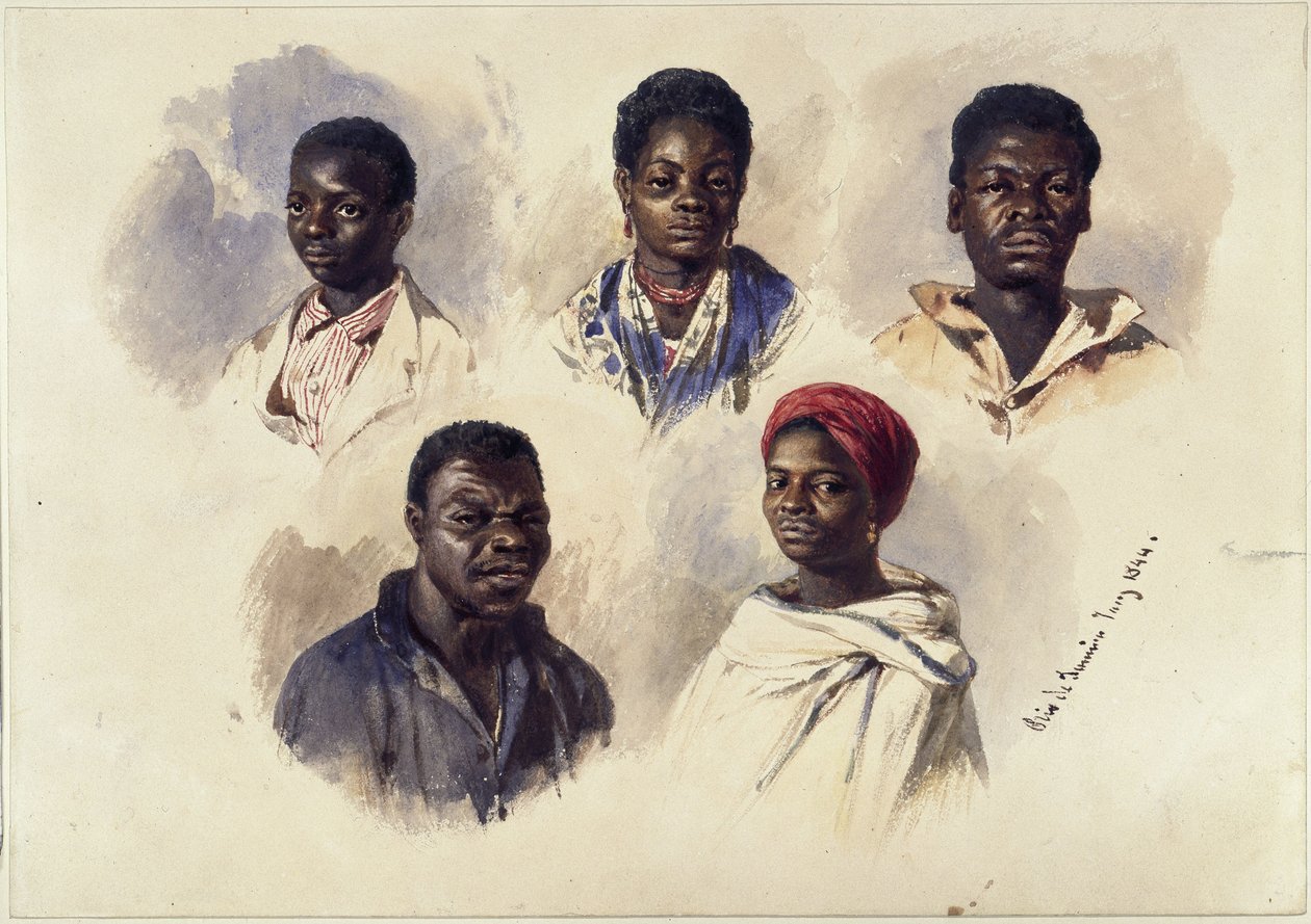 Vijf portretten van Afro-Brazilianen, borstbeelden door Eduard Hildebrandt
