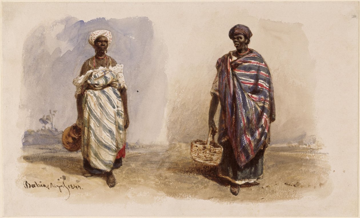 Twee Afro-Braziliaanse vrouwen met sjaals om hun schouders, de ene met een waterkan, de andere met een mand door Eduard Hildebrandt