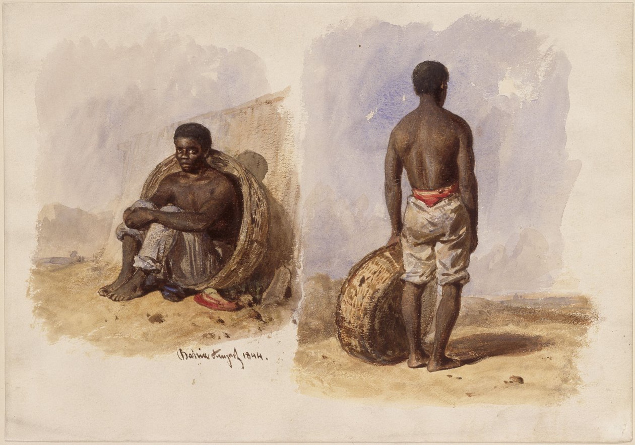 Twee studies van een Afro-Braziliaan; links zittend in een mand die tegen de muur leunt, rechts staand in achteraanzicht door Eduard Hildebrandt