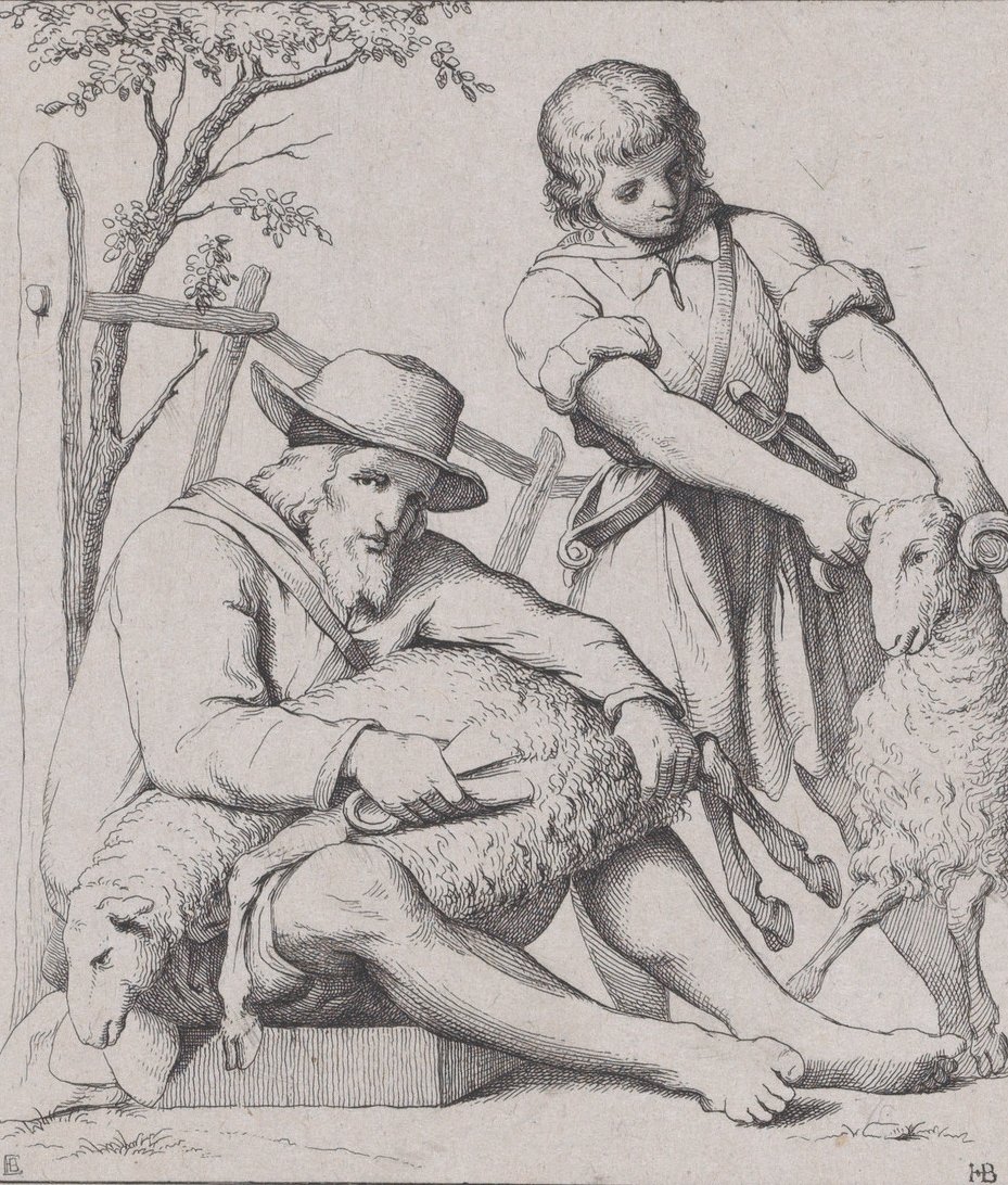 Twee Mannen die Schapen Scheren, ca. 1842 door Eduard Julius Friedrich Bendemann