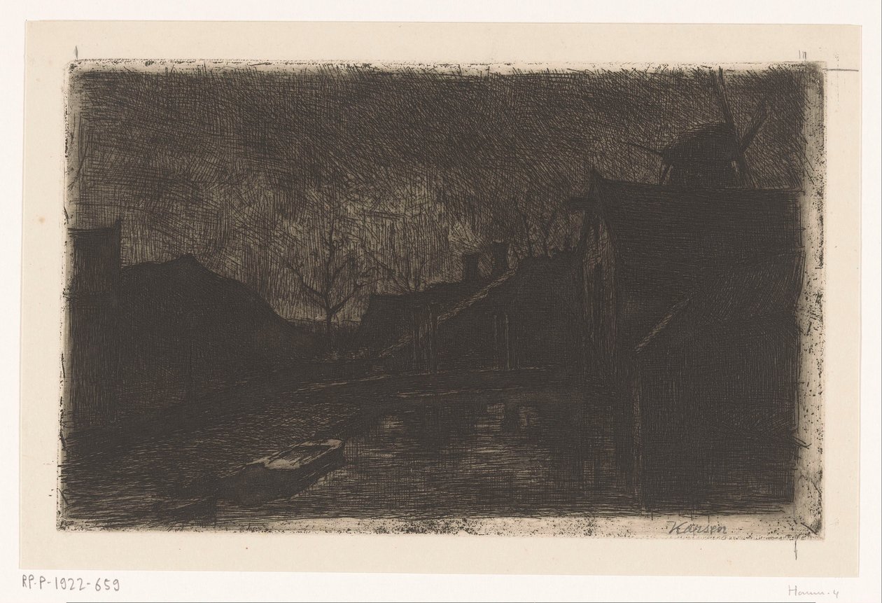 Landschap met huizen en molen bij avond door Eduard Karsen (signed by artist)