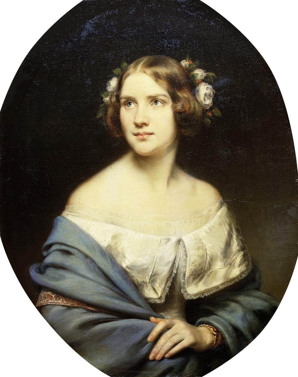 Portret van Jenny Lind, staand half lengte in een witte jurk en een lichtblauwe sjaal door Eduard Magnus