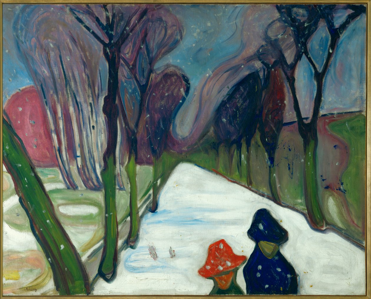 Avenue in de sneeuw (olieverf op doek) door Edvard Munch