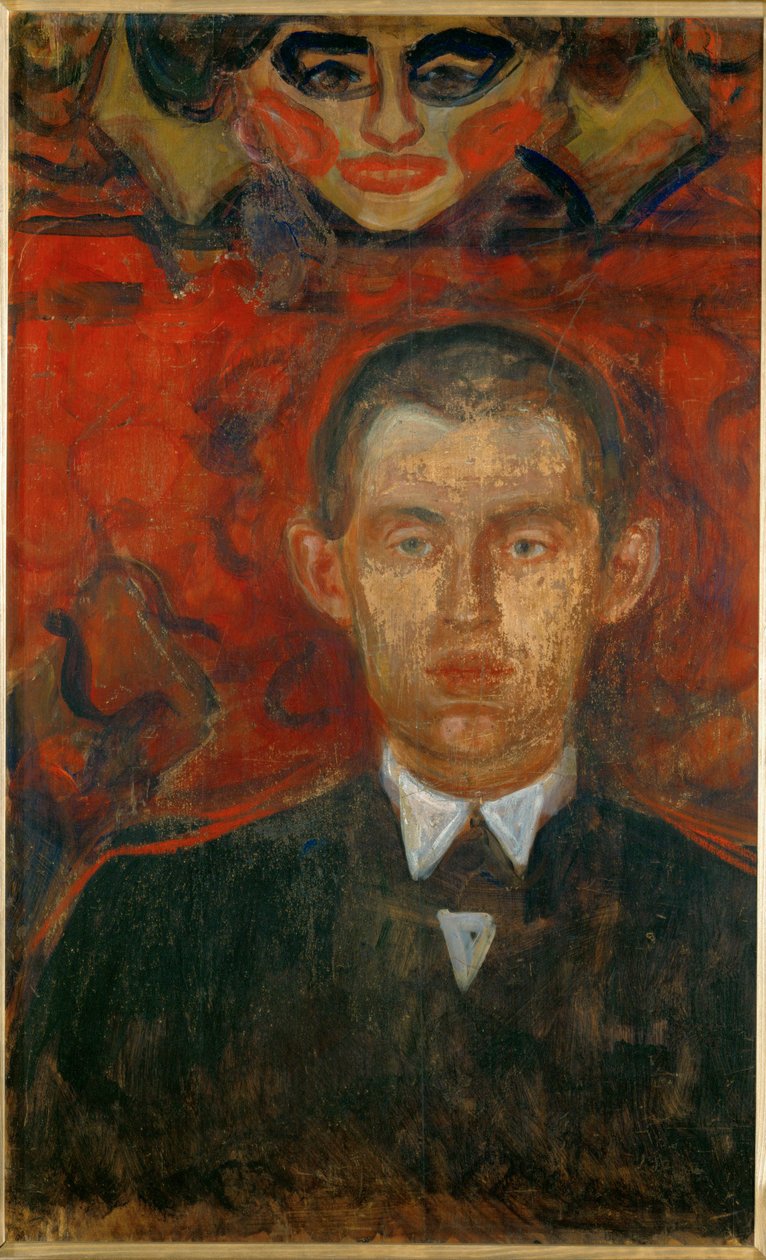 Edvard Munch, zelfportret met vrouwenmasker (olieverf op hout) door Edvard Munch