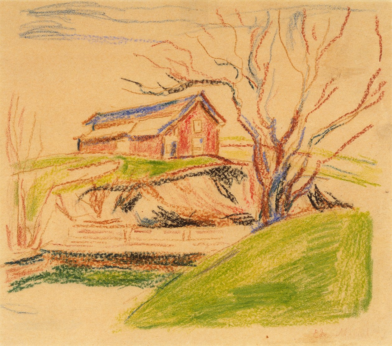Huis op de heuvel (krijt) door Edvard Munch