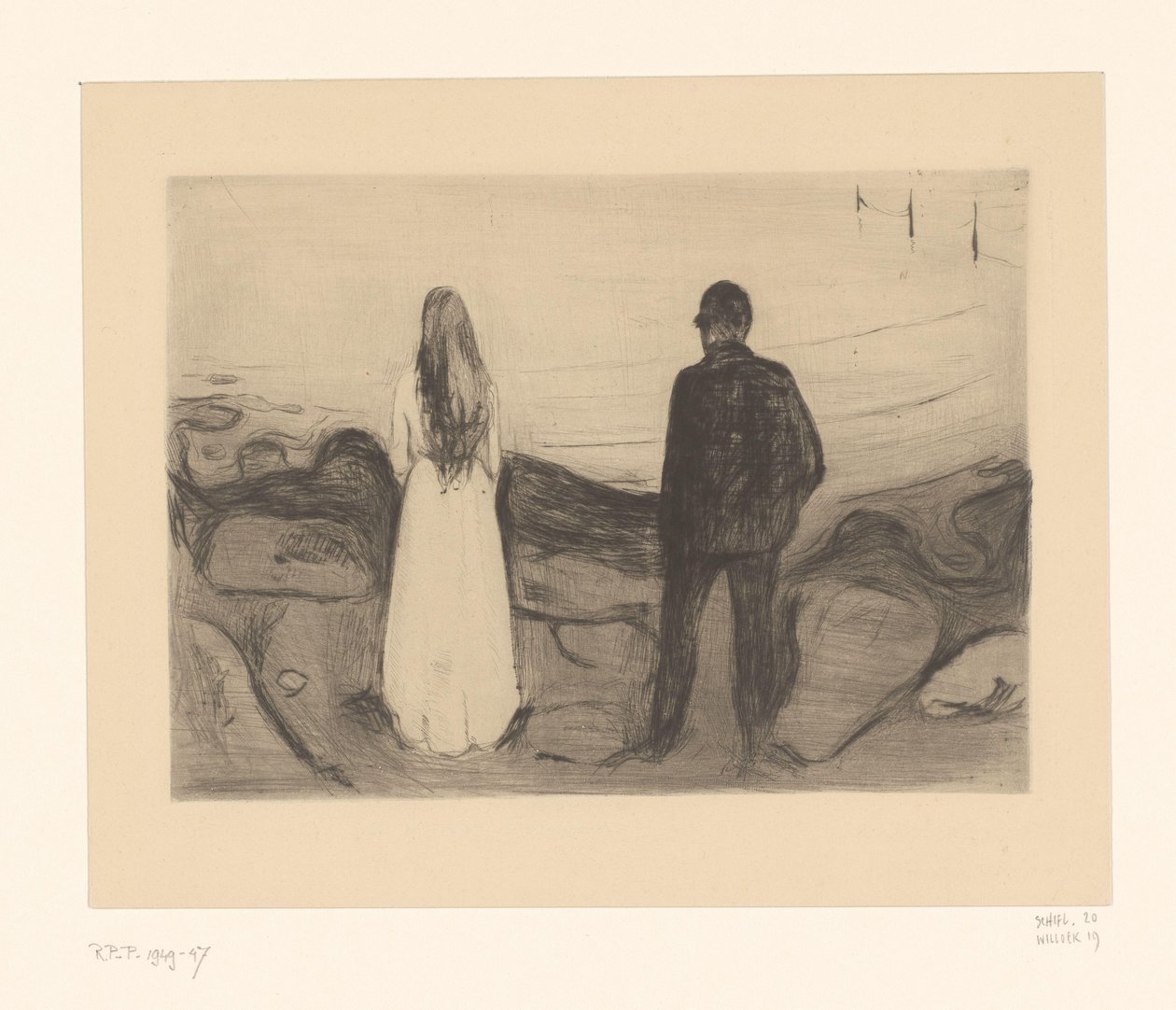 Man en vrouw staand aan de oever door Edvard Munch