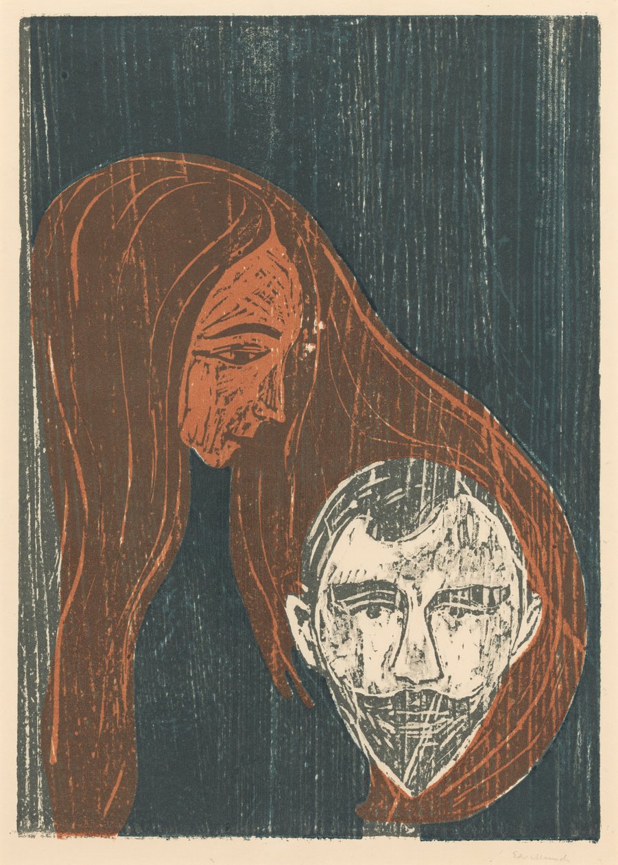 Mannenhoofd in het haar van een vrouw door Edvard Munch