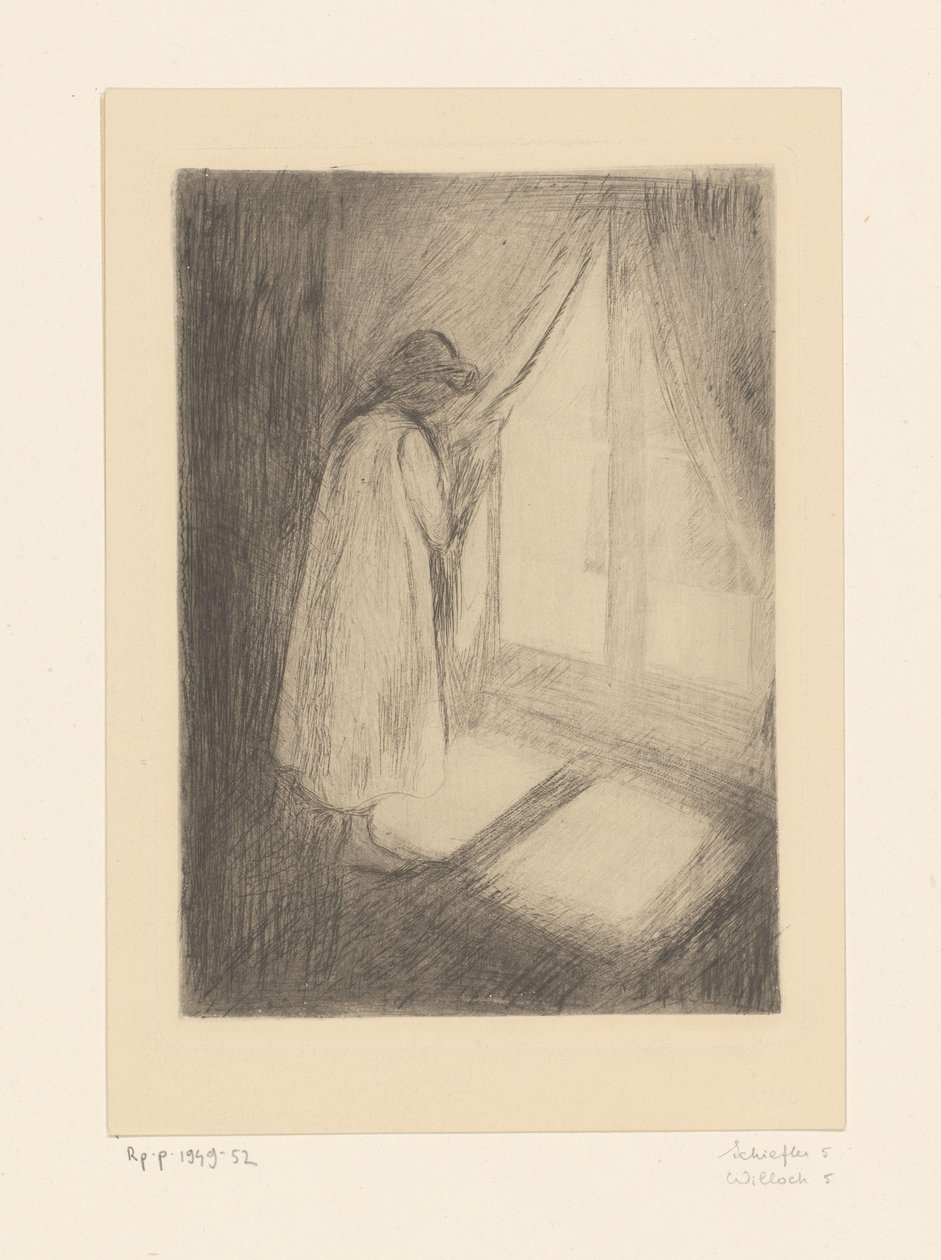 Meisje in een nachtjapon bij een venster door Edvard Munch