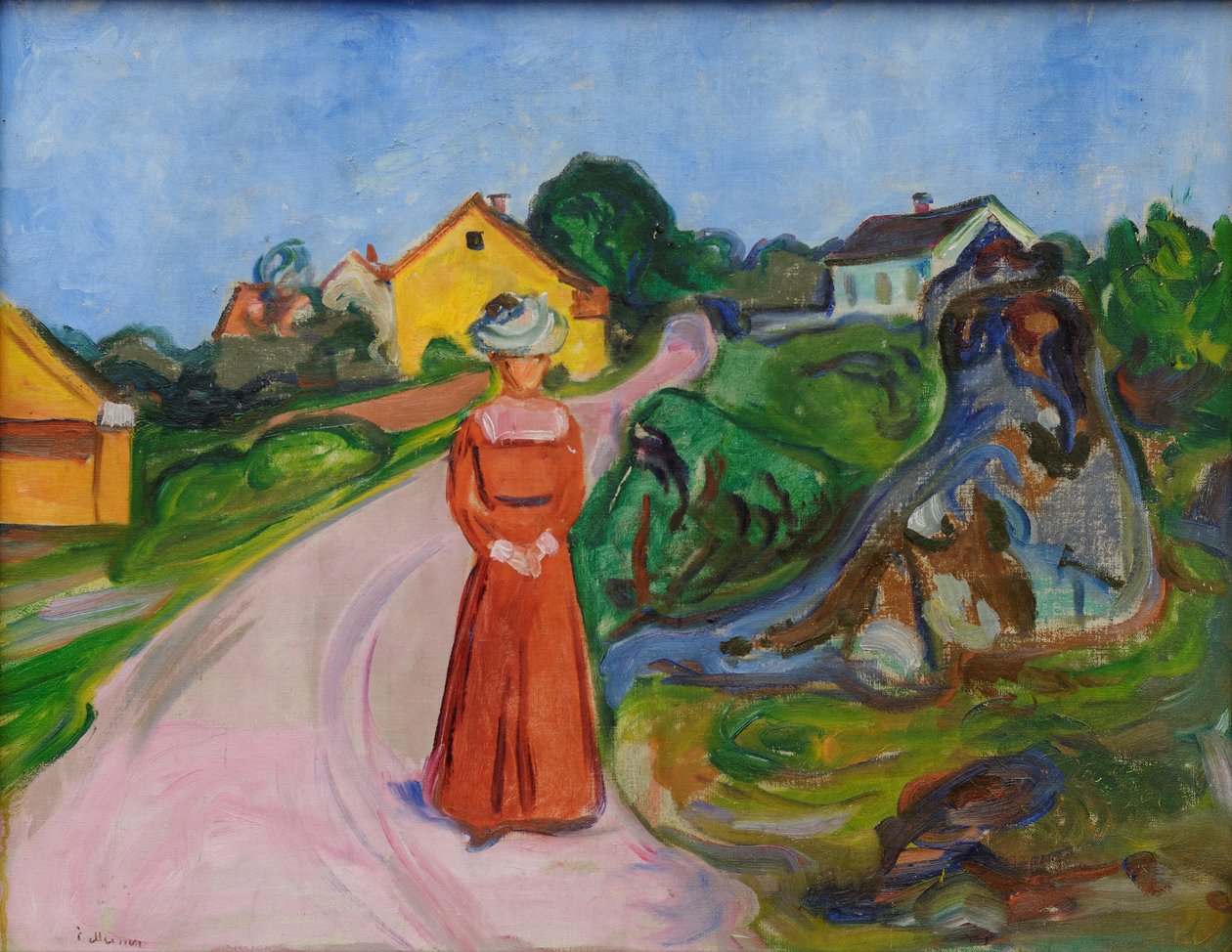 Straat in Åsgårdstrand en een vrouw in rode jurk door Edvard Munch