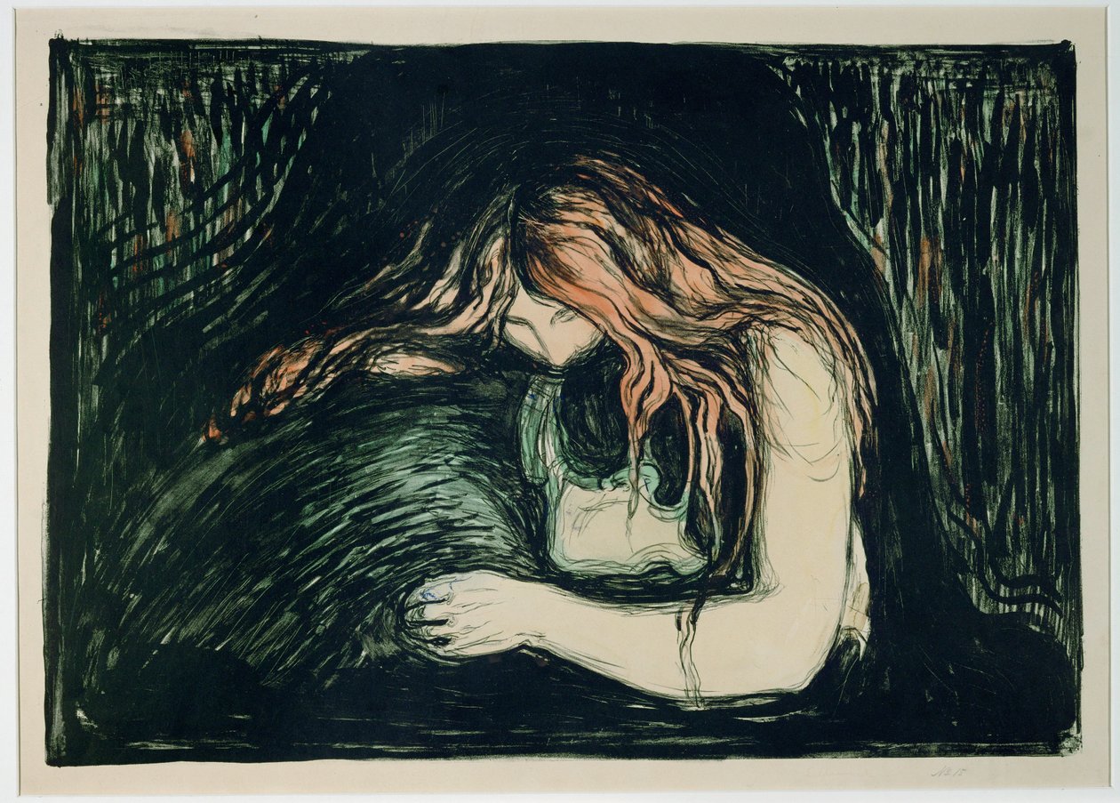 Vampier II (handgekleurde litho) door Edvard Munch