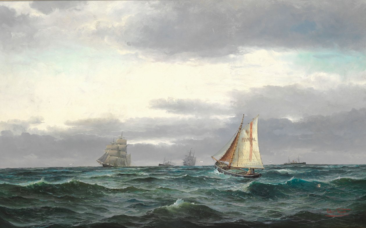 Marine met verschillende schepen, grijze regenwolken en een beetje blauwe lucht door Edvard Skari