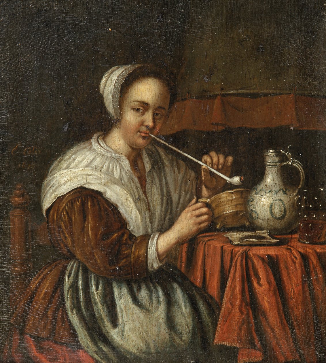 Een vrouw die een pijp rookt aan een tafel door Edwaert Colyer or Collier