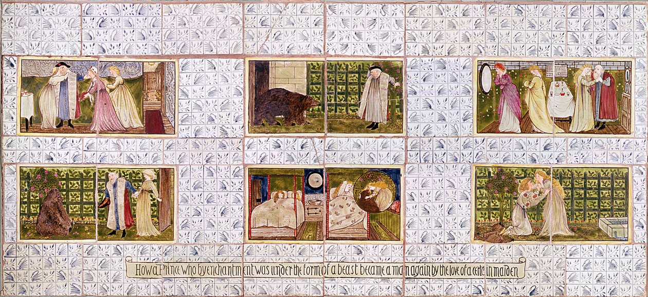 Paneel van tegels met het verhaal van Belle en het Beest uit het huis van Birket Foster in Witley, Surrey, ca. 1862 door William Morris