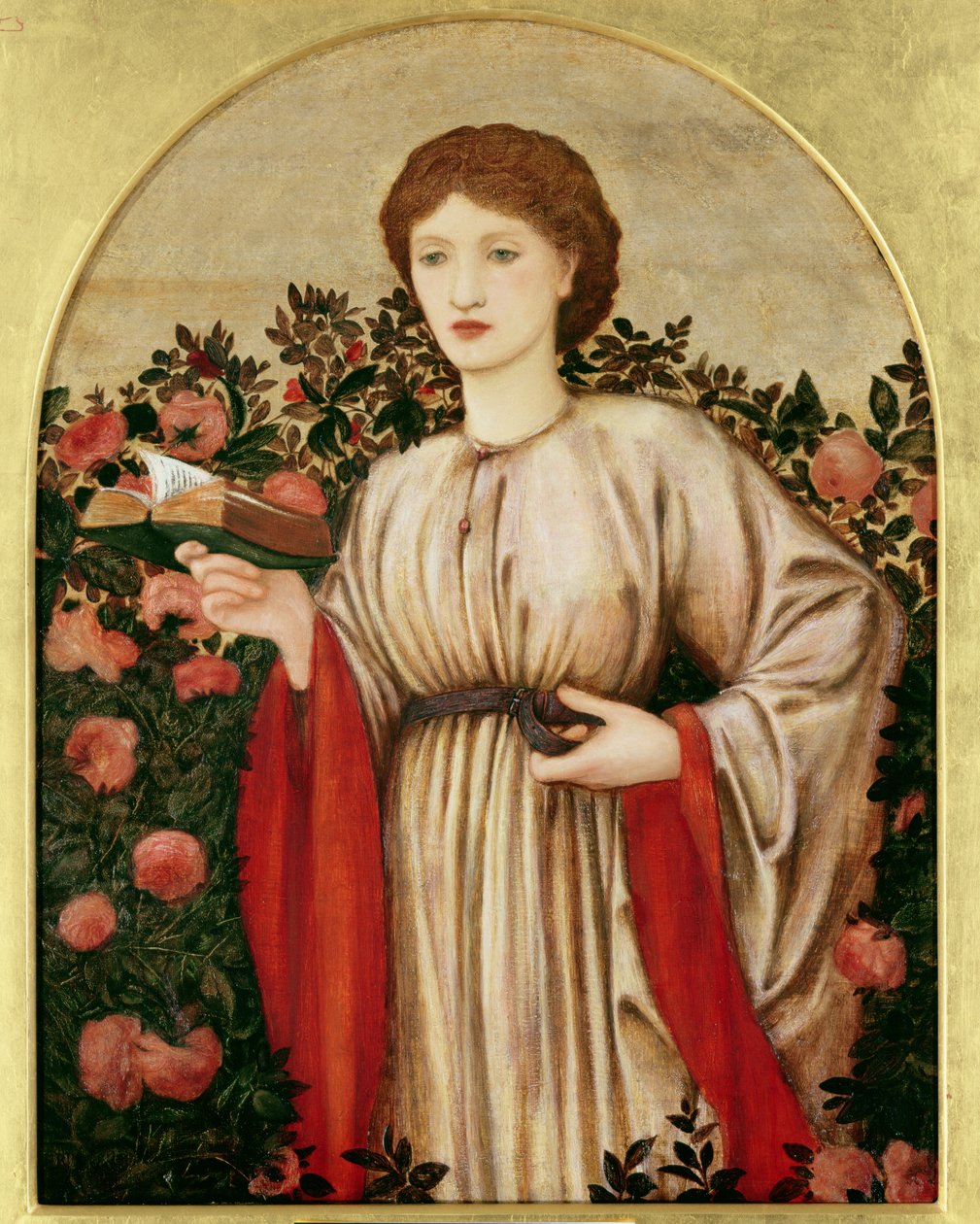Meisje met boek met rozen achter door Edward Burne Jones