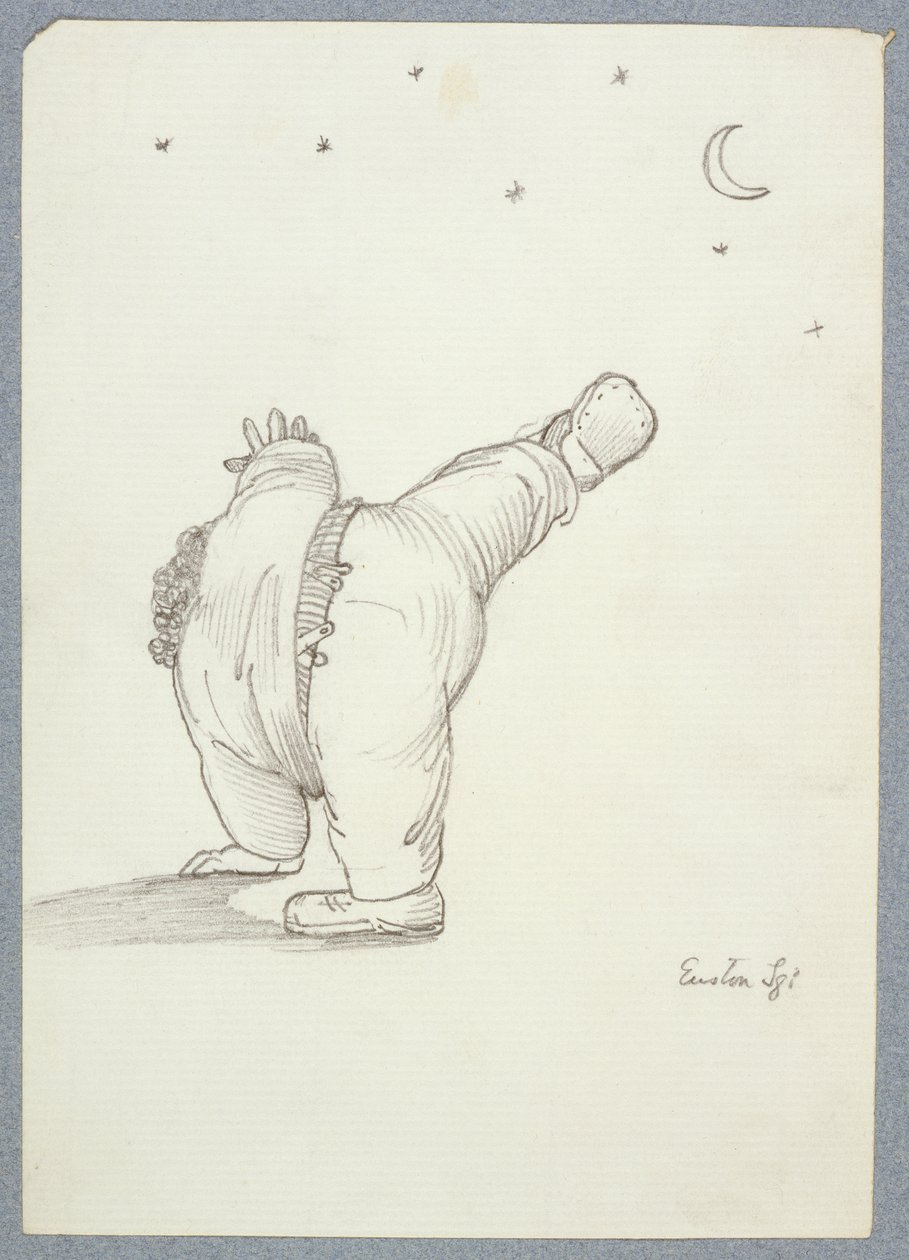 William Morris (1834-96) doet een radslag, gezien van achteren bij maan- en sterrenlicht, uit een album met tekeningen door Edward Burne Jones