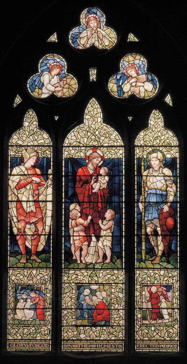 Wilden, All Saints, Oostraam, Morris & Co., Edward Burne-Jones, John Henry Dearle, Sint Martinus, Christus Zegent de Kinderen, Sint Joris, 1902-1914, Louisa, Alfred, De Baldwins, Premier door Edward Coley and Dearle Burne-Jones