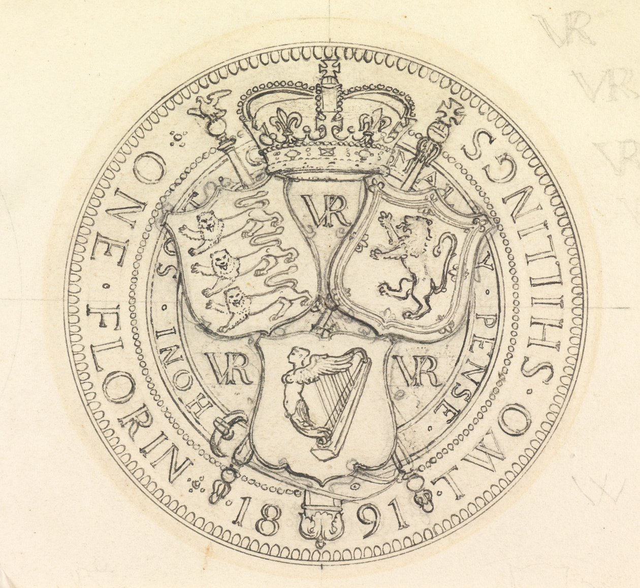 Twee ontwerpschetsen voor de Florin en Shilling door Edward John Poynter