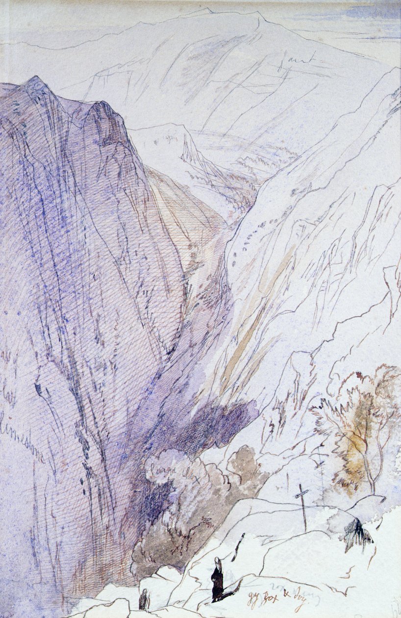 Athos met Monniken op de voorgrond, 1856 door Edward Lear