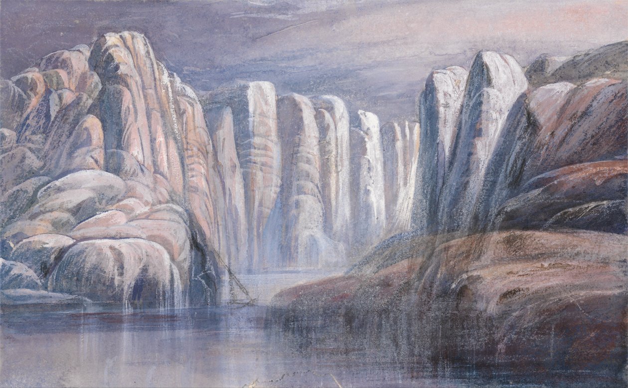 Rivierpas, tussen kale rotskliffen door Edward Lear