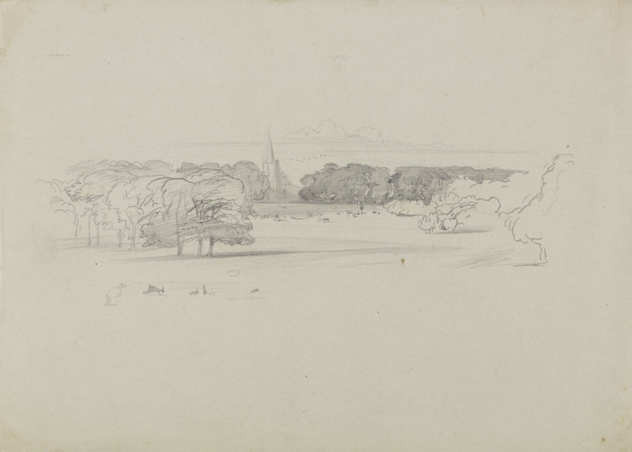 Uitzicht over een weiland naar een kerk door Edward Lear