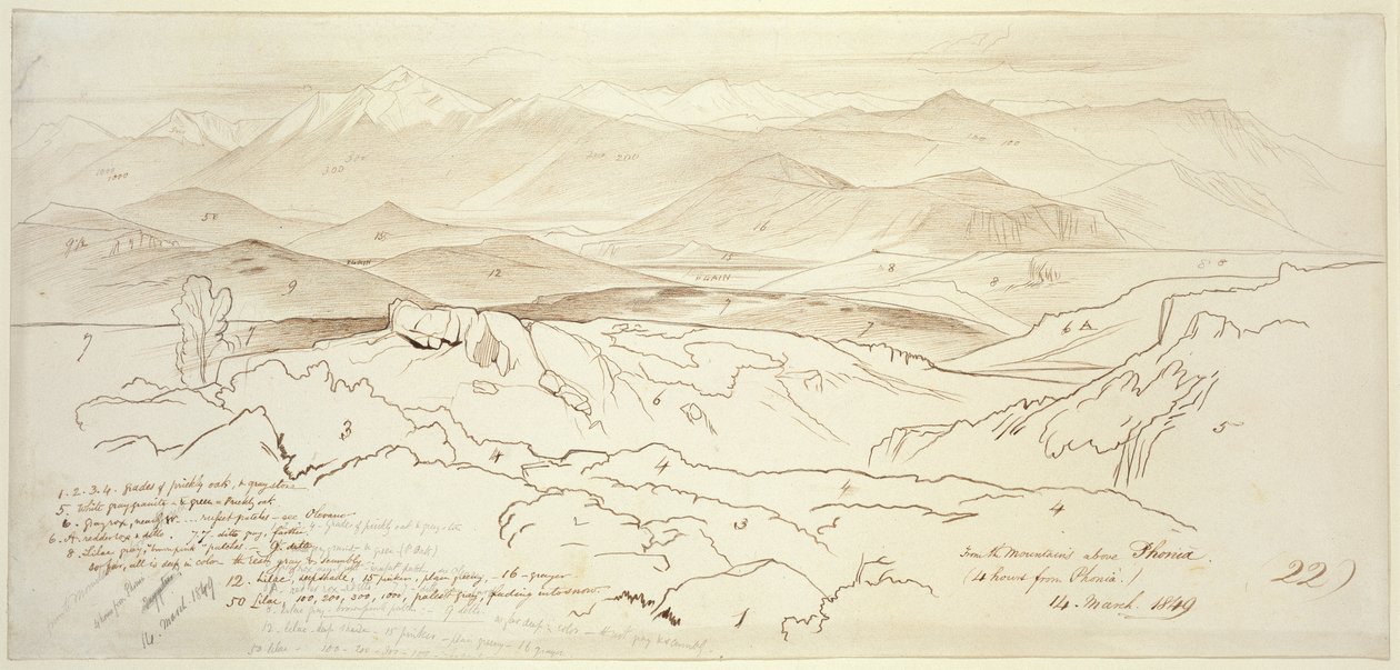 Uitzicht vanaf de bergen boven Phonia, 1849 door Edward Lear