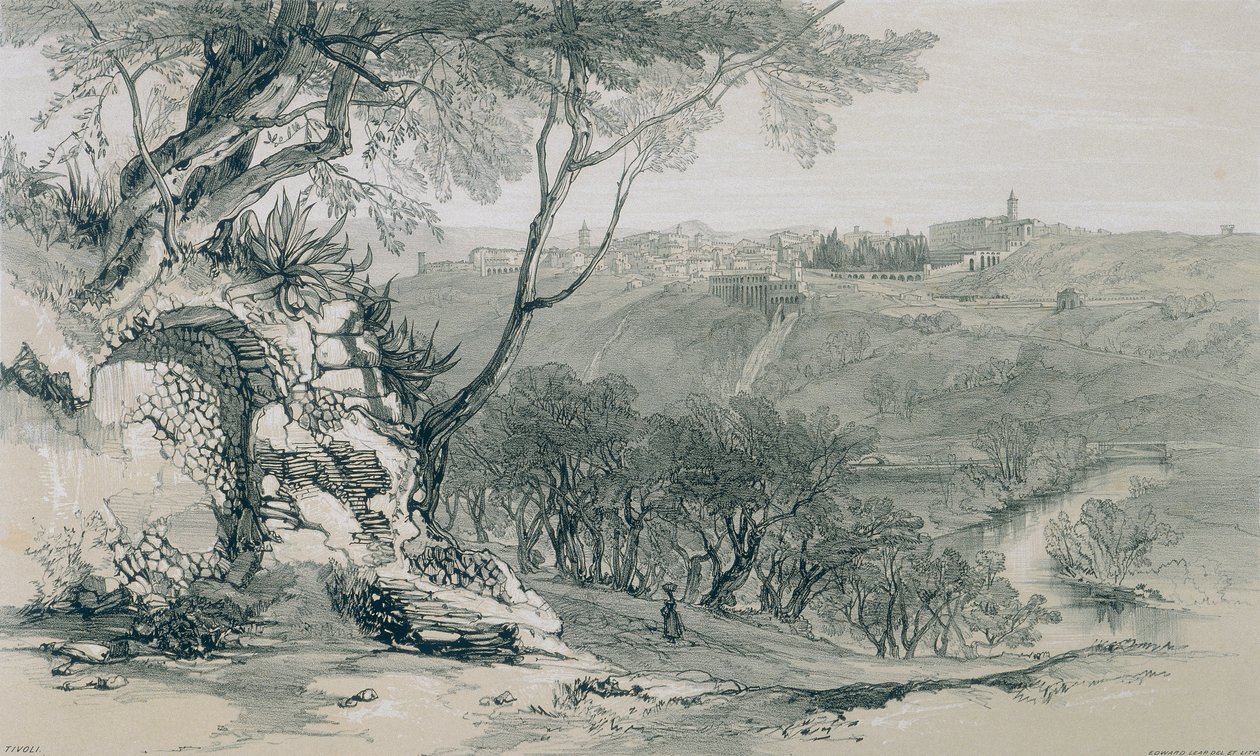Gezichten in Rome en omgeving: Tivoli met villa van Mecenas door Edward Lear