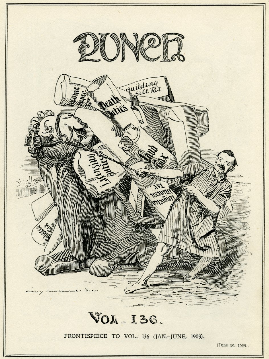 John Bull, afgebeeld als een kameel, is terughoudend om de nieuwe belastinglasten opgelegd door Lloyd George in 