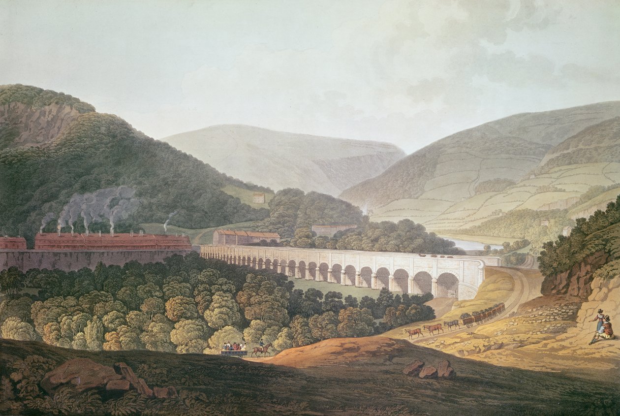 Uitzicht op een stenen brug over de vallei en rivier bij Risca in Monmouthshire door Edward Pugh