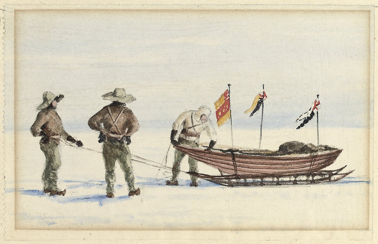 De sledepartij naar White Island, februari 1902: Shackleton, Wilson en Ferrar bereiden zich voor om te vertrekken, 1902 door Edward Adrian Wilson