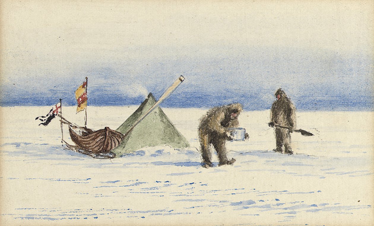 De slee-expeditie naar White Island, februari 1902: Shackleton en Wilson maken kamp, 1902 door Edward Adrian Wilson