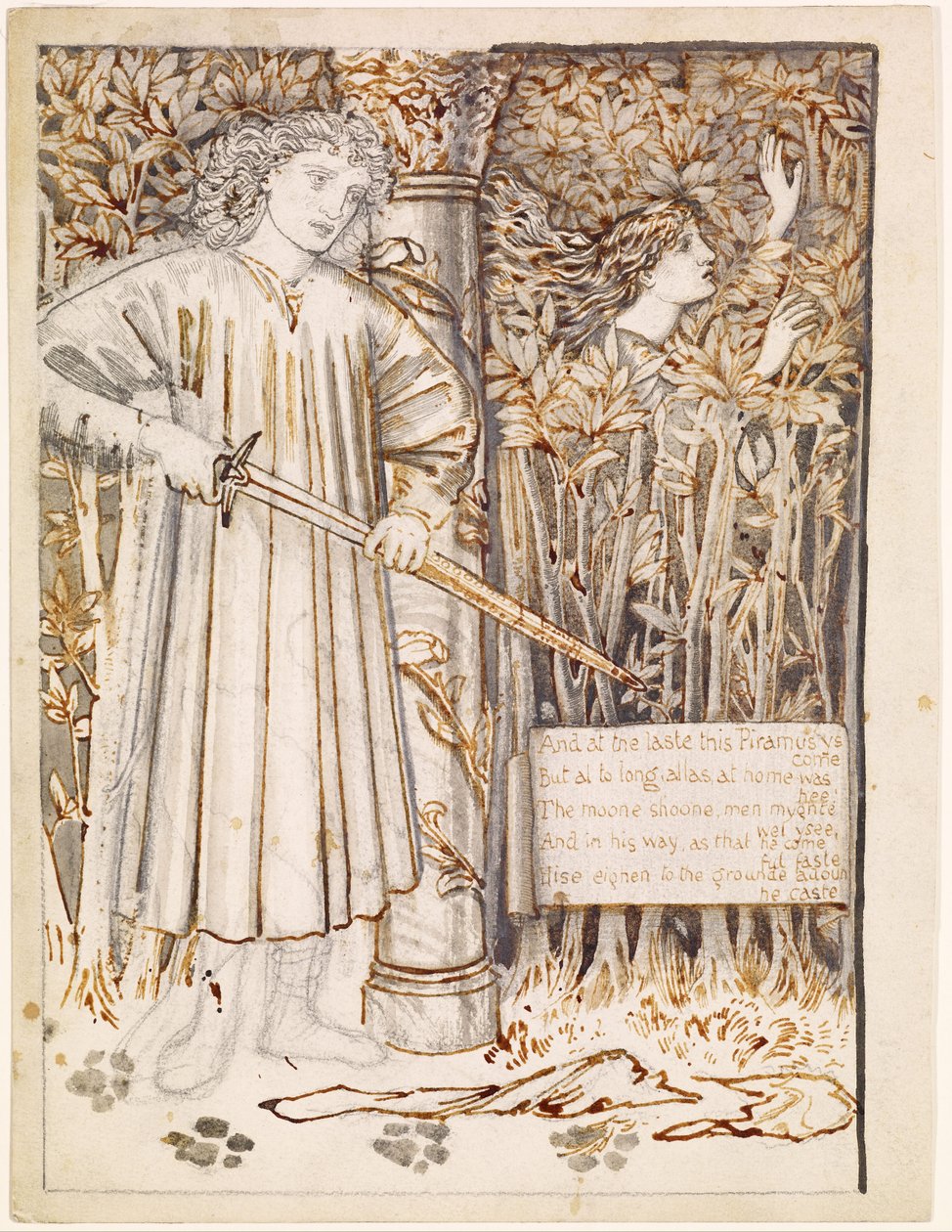 Pyramus en Thisbe - Pyramus trekt zijn zwaard om zichzelf te doden door Edward Burne-Jones