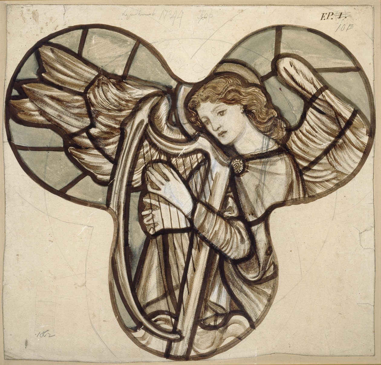 Ontwerp voor glas-in-lood in Lyndhurst Church: Een engel harpist, 1862 door Edward Burne Jones