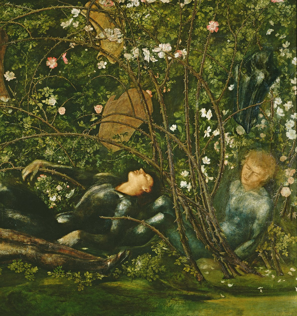 De ridders en de rozenstruik (detail) door Edward Burne Jones