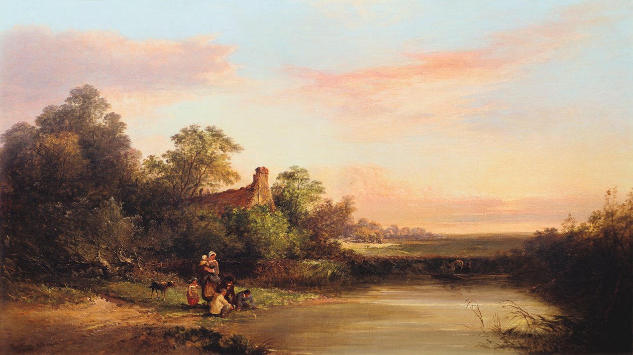 Engels landschap met huisje en stroom, 1860 door Edward Charles Williams