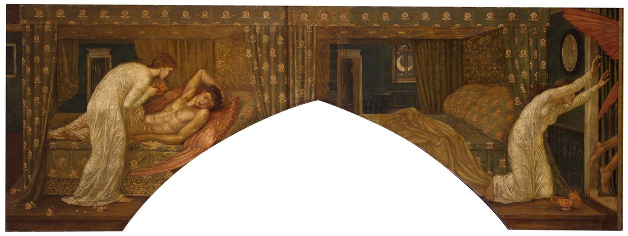 Cupido en Psyche - Palace Green Murals - Psyche houdt de lamp vast en kijkt naar het gezicht van de slapende Cupido en Psyche verlaten, 1881 door Edward Burne Jones