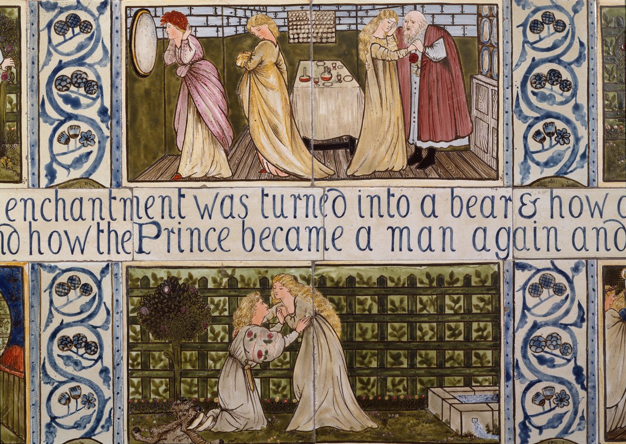 Tegelpaneel met het verhaal van Belle en het Beest uit het huis van Birket Foster in Witley, Surrey, ca. 1862 (keramiek) door Edward Coley & Morris William (1834-96) Burne-Jones