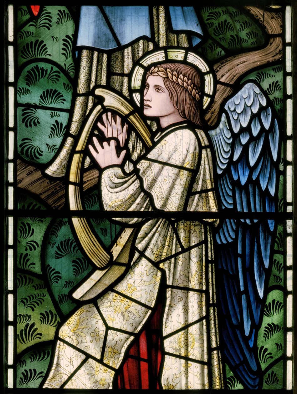 Wilden, All Saints, Morris & Co., Edward Burne-Jones, John Henry Dearle, Engelen van het paradijs, Angel Musicians (detail), Louisa, Alfred, The Baldwins, Premier, Methodist, Worcestershire door Edward Coley and Dearle Burne Jones