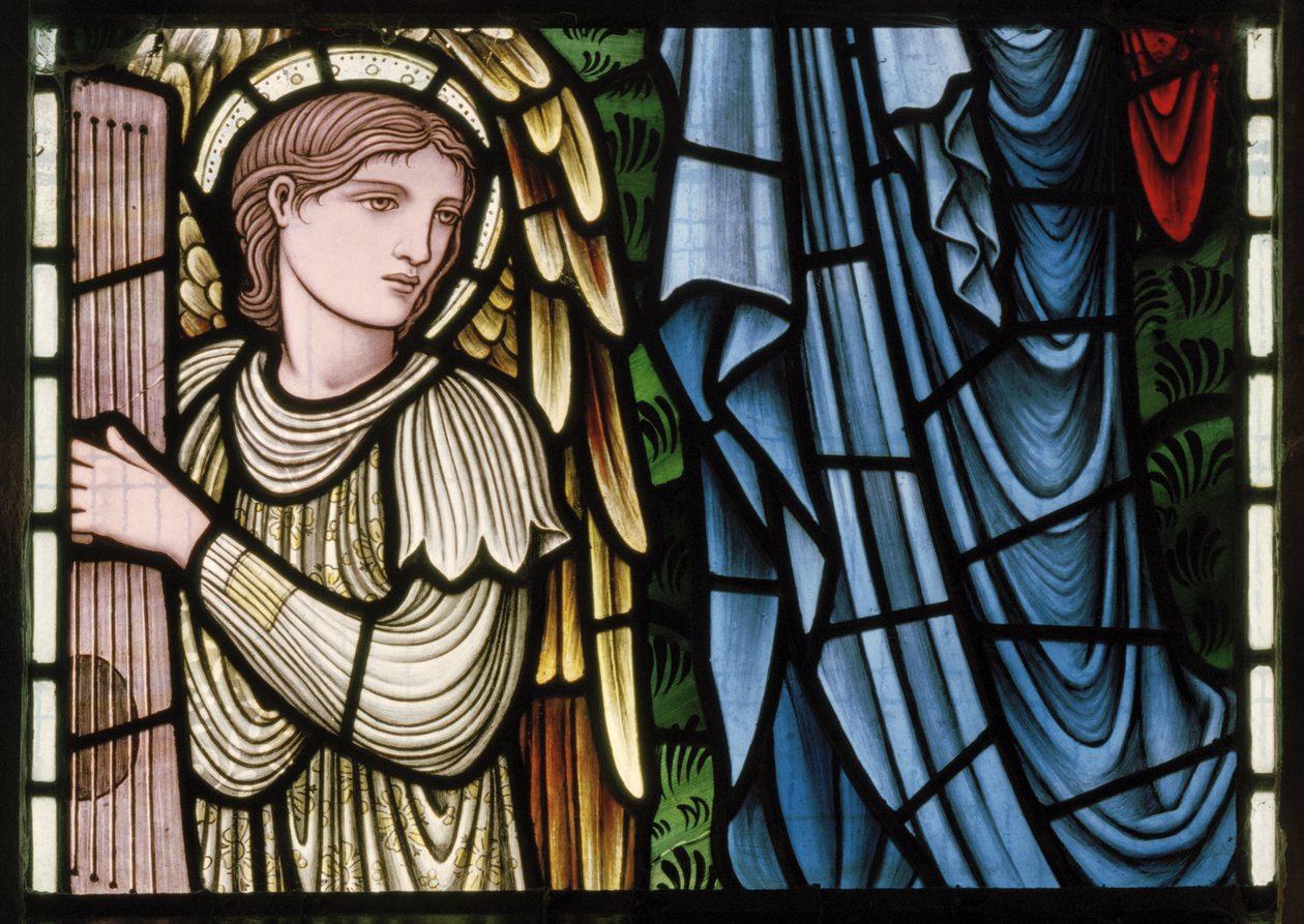 Wilden, All Saints, Morris & Co., Edward Burne-Jones, John Henry Dearle, Engelen van het paradijs, Angel Musicians (detail), Louisa, Alfred, The Baldwins, Premier, Methodist, Worcestershire door Edward Coley and Dearle Burne Jones