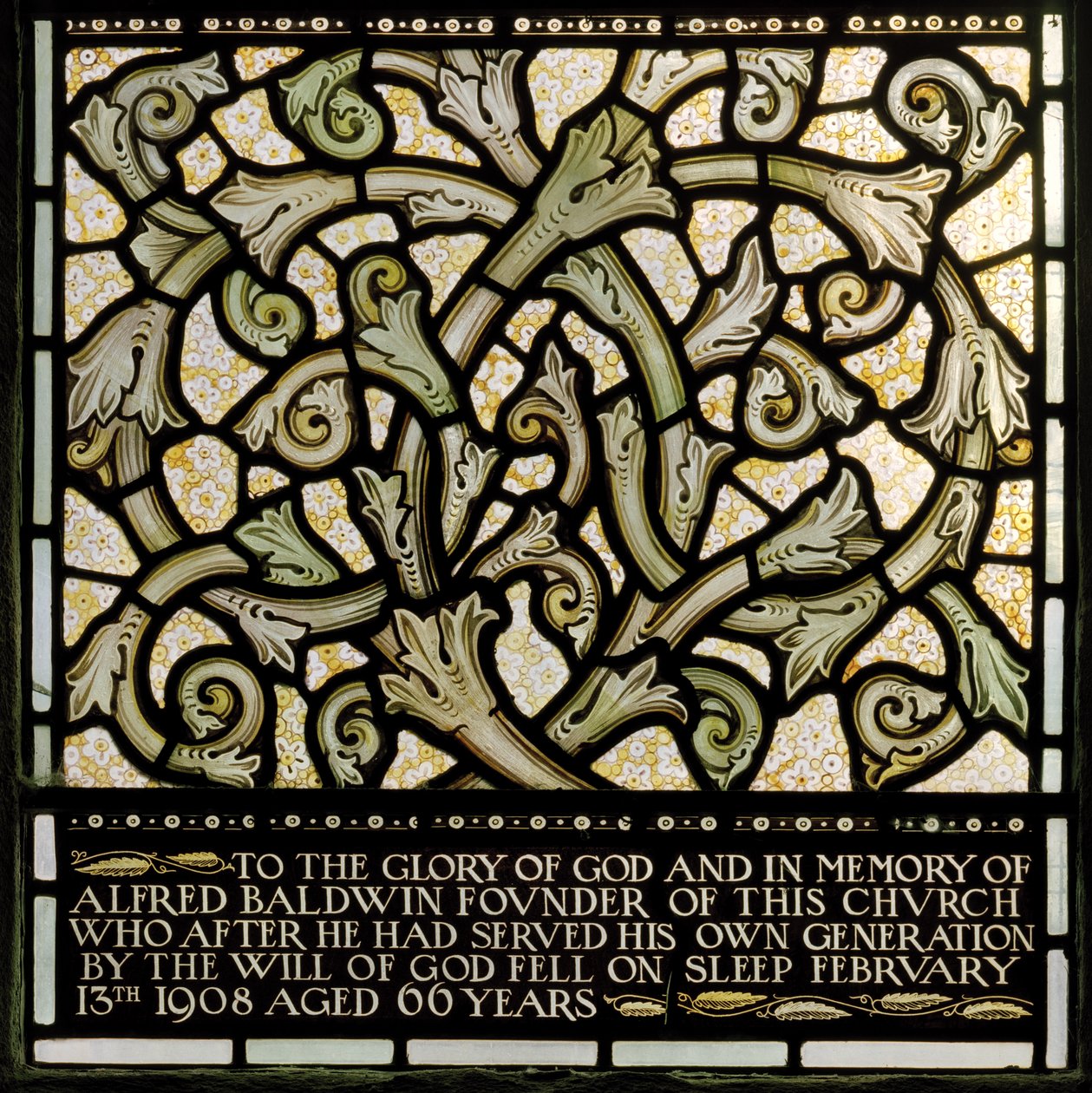 Wilden, All Saints, Morris & Co., Edward Burne-Jones, John Henry Dearle, Toewijding aan Alfred Baldwin van het Joshua-raam, Louisa, The Baldwins, Premier, Methodist, Worcestershire door Edward Coley and Dearle Burne Jones