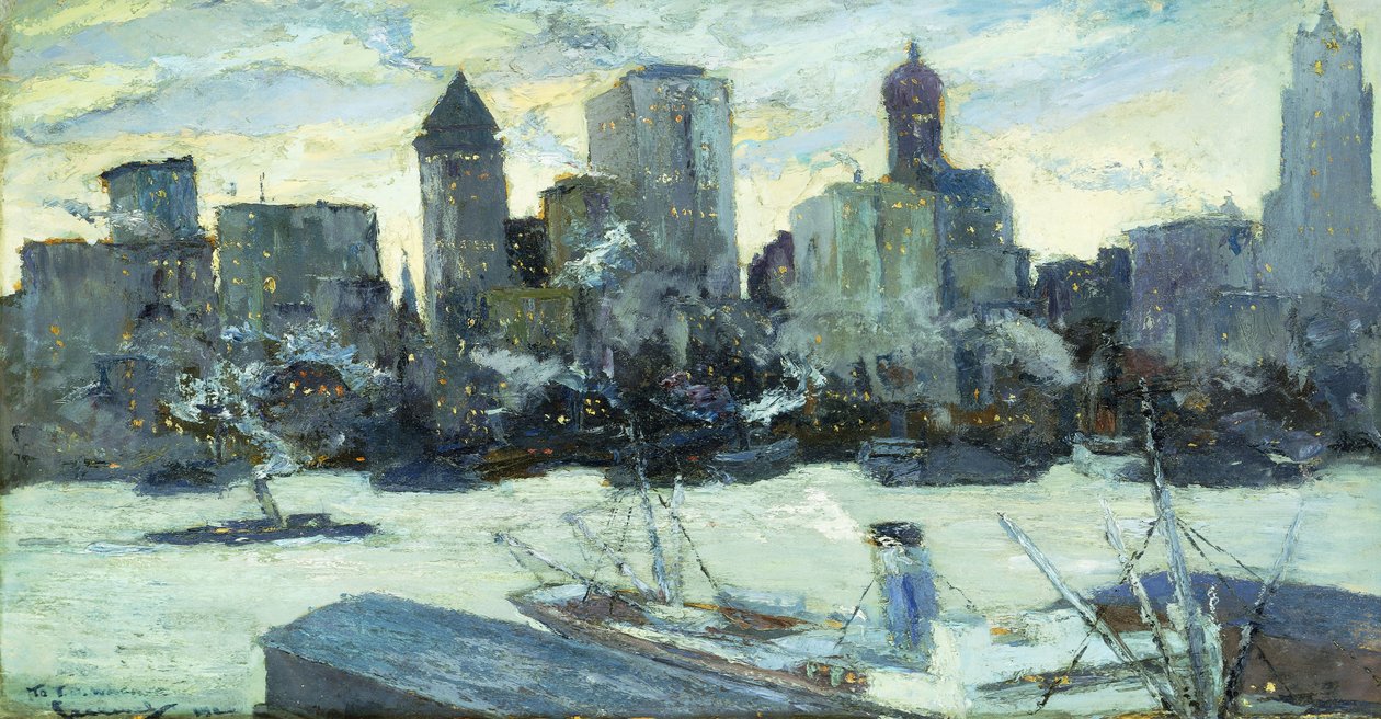 De haven van New York in de winter door Edward Cucuel