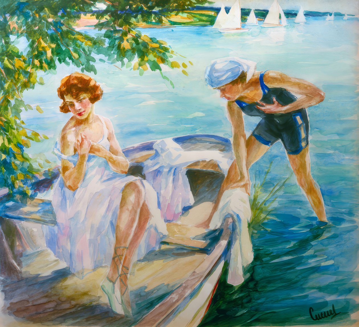 Zomerdag aan het meer met twee jongedames in een boot door Edward Cucuel