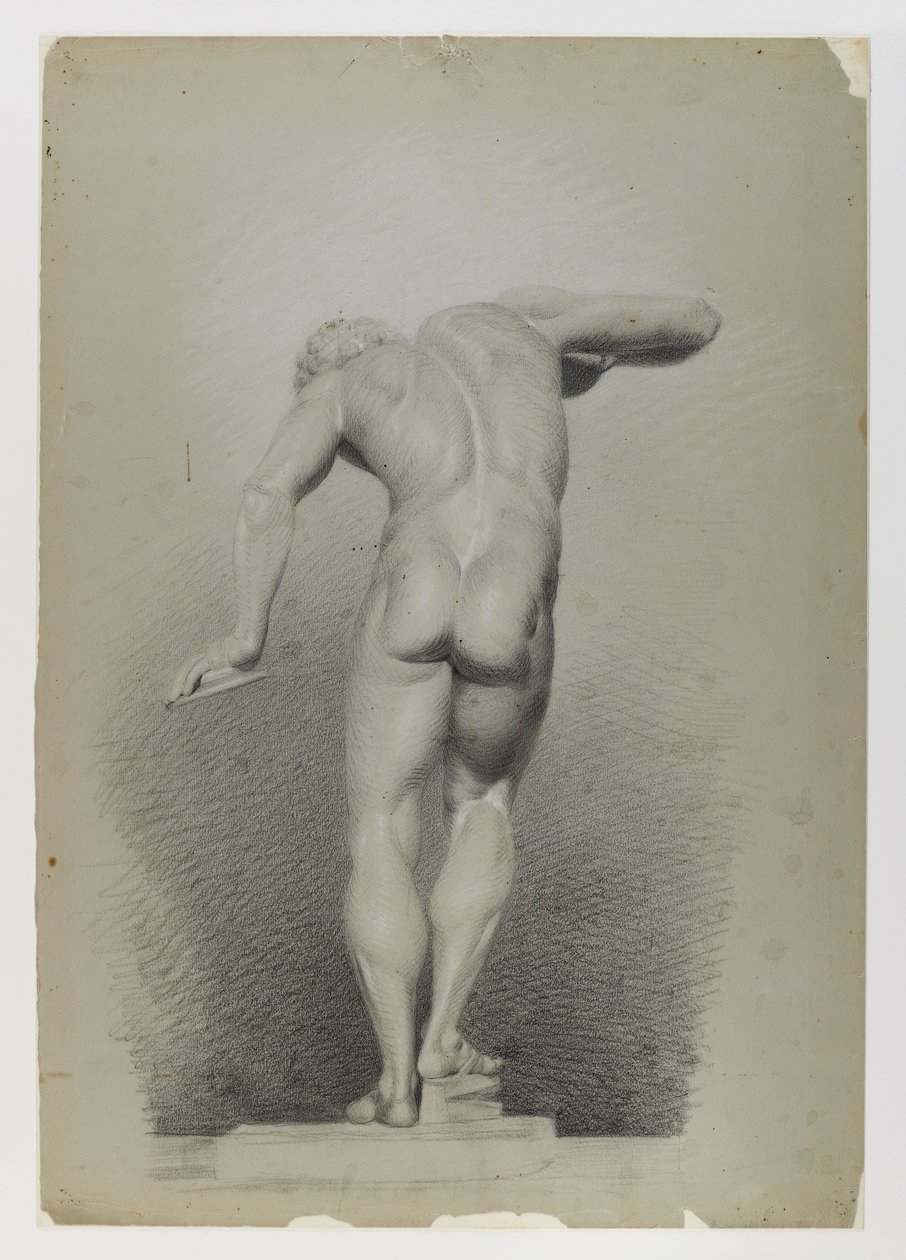 Naaktstudie, ca. 1848 (zwart en wit krijt op blauwgroen, middelzwaar, licht getextureerd vliespapier) door Edward Docker