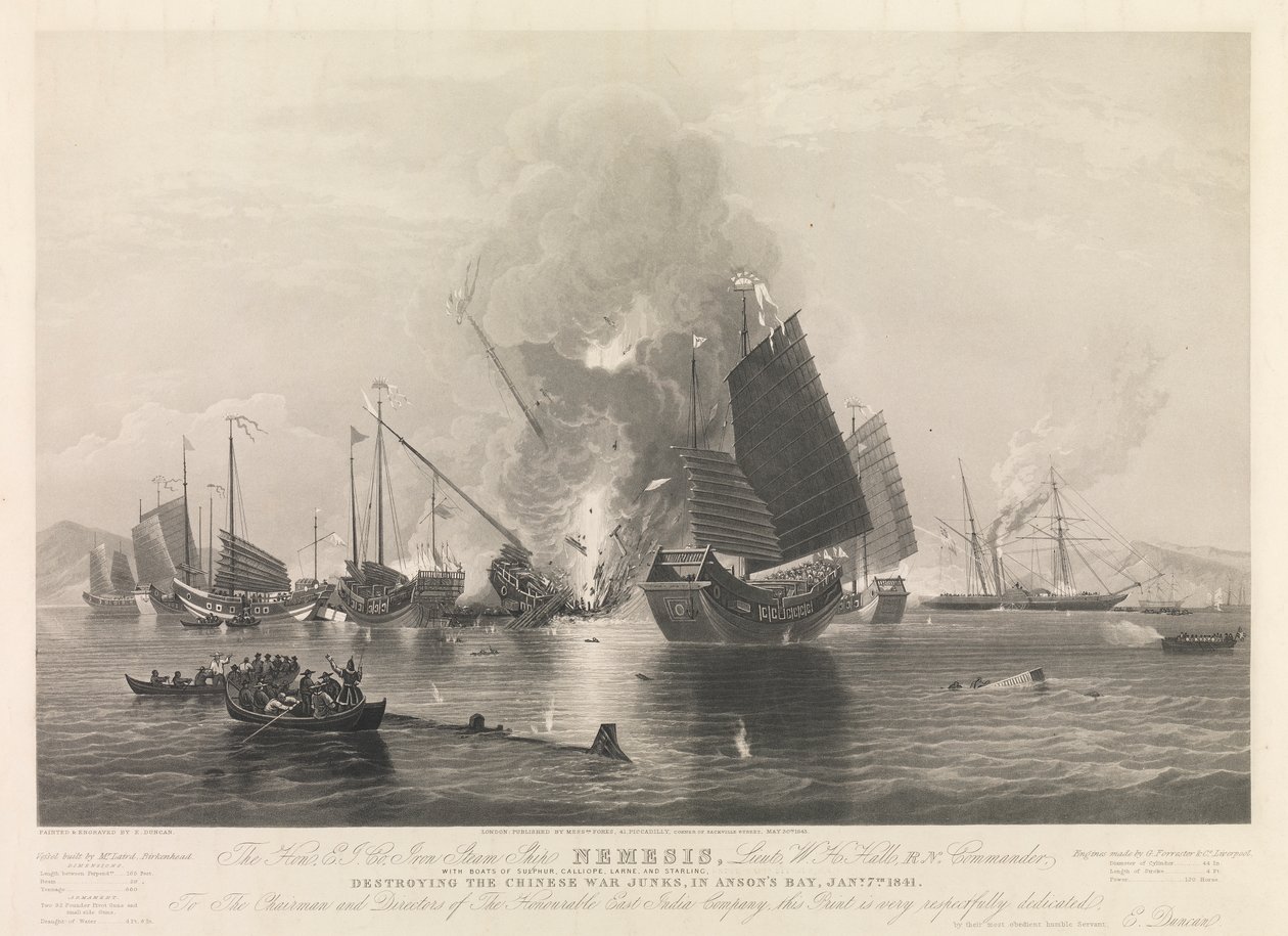 De Hon. E.I. Co. IJzeren Stoomschip Nemesis, ... met boten van Sulphur, Calliope, Larne en Starling, vernietigen de Chinese oorlogsschepen in Anson