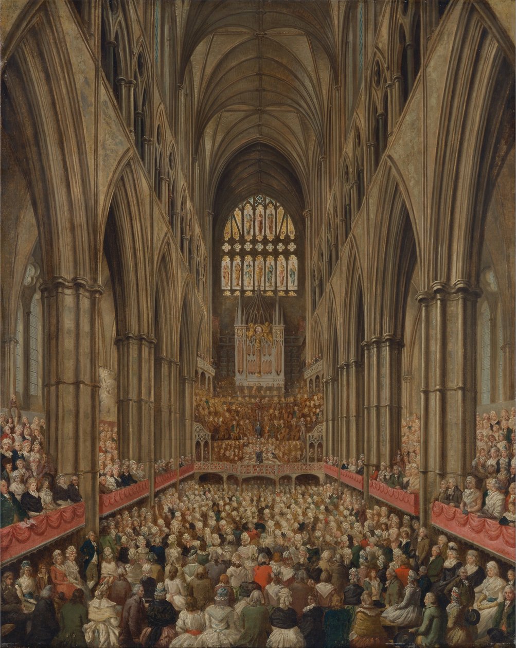 Binnenzicht van Westminster Abbey bij de herdenking van Händel, genomen vanuit de Manager